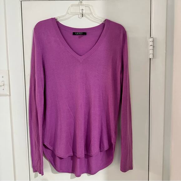 Lauren Ralph Lauren Purple Silk Blend Sweater V Neckline Size Medium Lightweight - Picture 9 of 9